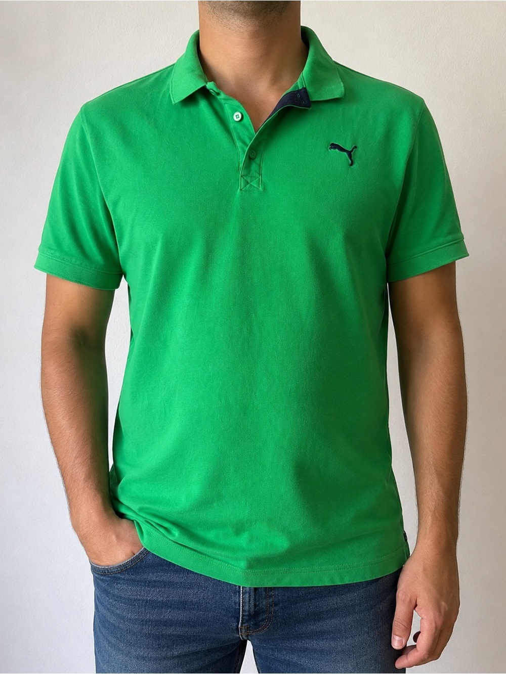 PUMA Men’s XL Bright Green Navy Contrast Polo Shirt Embroidered Logo